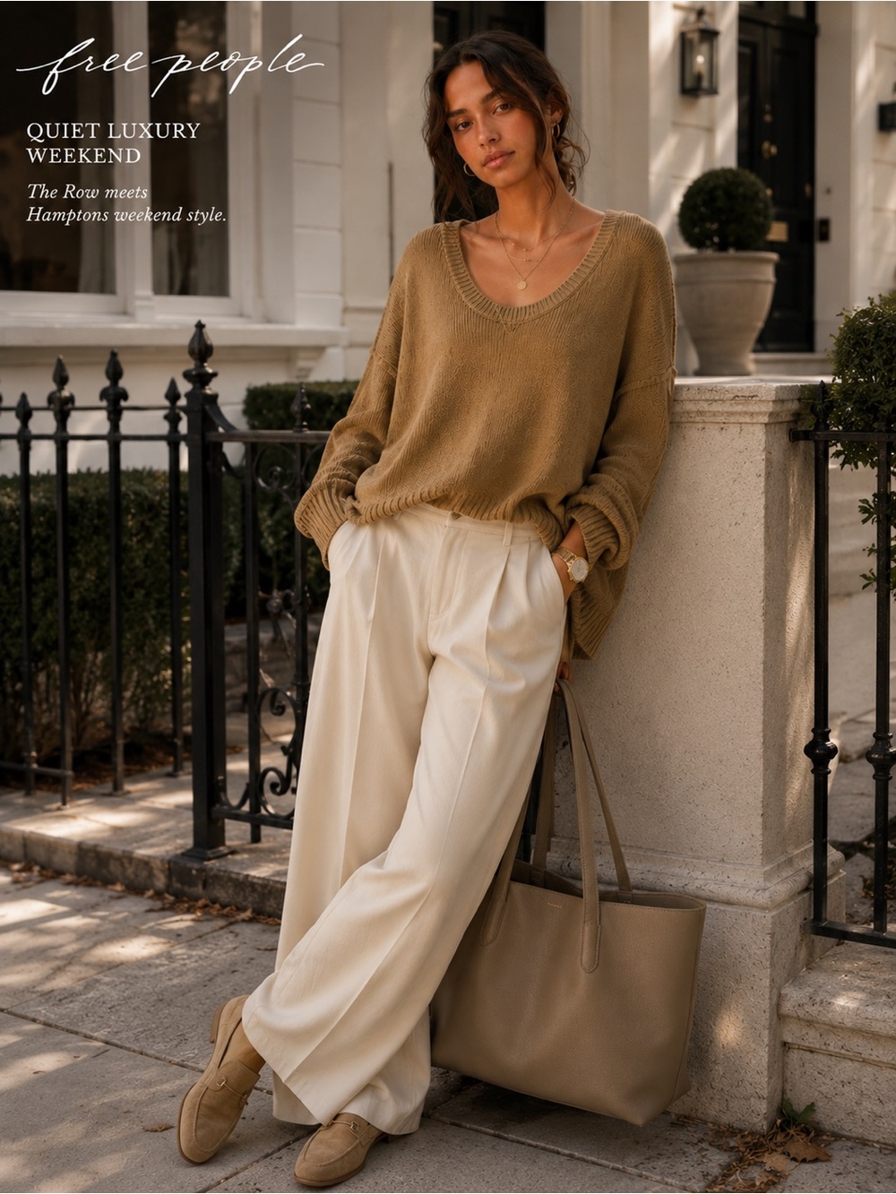Free People Brookside Tunic Sweater Large Camel Oversized Slouchy V Neck Boho C5 - Picture 2 of 13